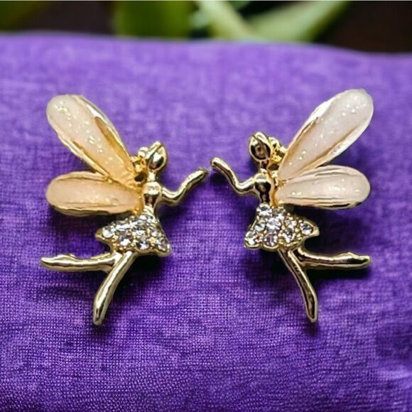 Fairy Elf Pixie Wing Rhinestone Stud Earrings Tinkerbell Folk Fantasy Enchanting - Picture 1 of 4